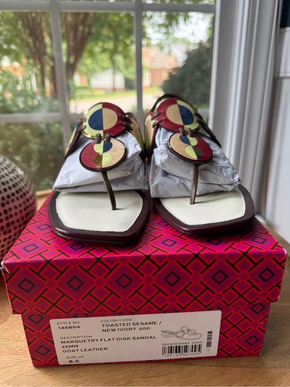 *New Tory Burch Marquetry Flat Disk Multi-color  leather sandal sz 8.5